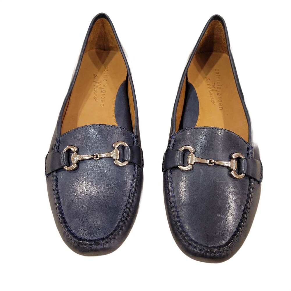 Patricia Green Navy Leather Horsebit Drivers - size 11